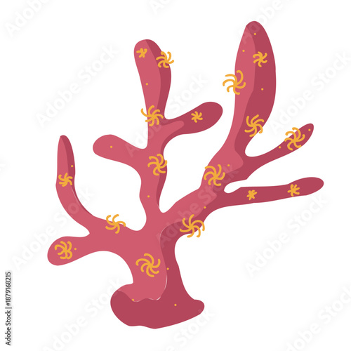 Cute kids style red coral branch with yellow polyps isolated underwater element vector illustration