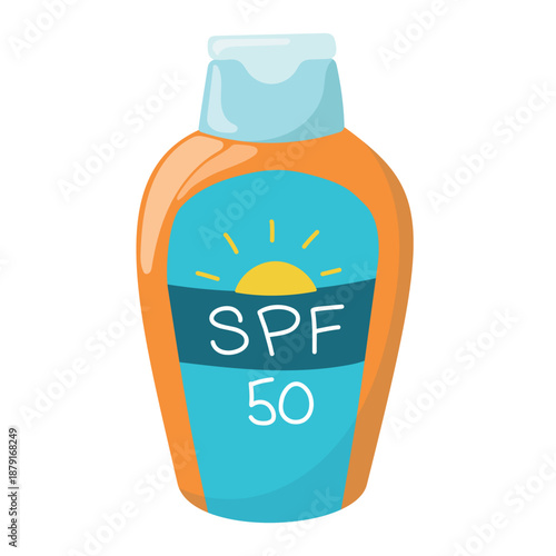 Cute kids style sunscreen bottle with spf 50 label isolated on white background