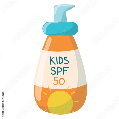 Cute kids style children sunscreen pump bottle with kids spf 50 label isolated on white background