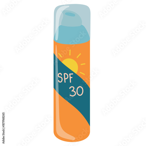 Cute kids style sunscreen spray bottle with spf 30 label isolated on white background