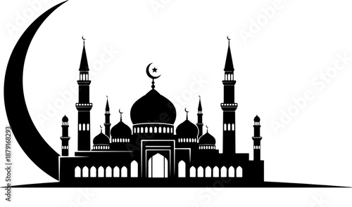 Islamic Mosque Silhouette with Crescent Moon.