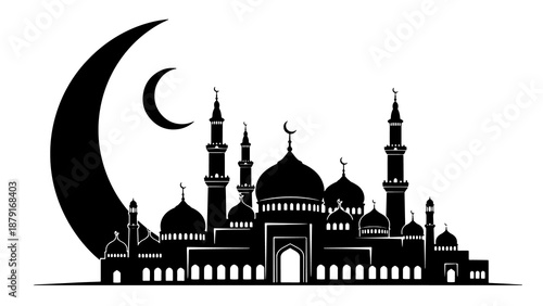 Photography Islamic Mosque Silhouette with Crescent Moon.
