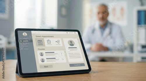 Tablet showing a medical appointment booking application screen with a blurred doctor in a white coat sitting at a desk in the background, representing modern digital healthcare and telemedicine