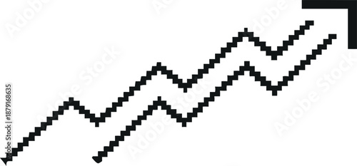 Pixelated black arrow graph trending upward on white background indicating growth and progress