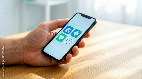 Person holding a mobile phone displaying a digital health application with icons for scheduling, medical assistance, wellness tracking, and reminders for managing personal healthcare
