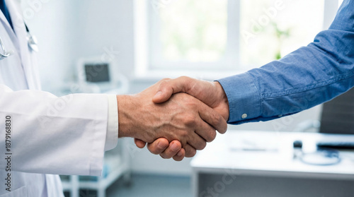 Doctor and patient shaking hands, symbolizing trust, support, and partnership in a healthcare setting, signifying an agreement or successful consultation