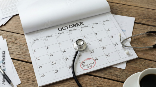 October calendar displaying the date 29 circled in red with doctor's visit 12,00 marked, a stethoscope lying across pages, signifying important medical appointments and health planning