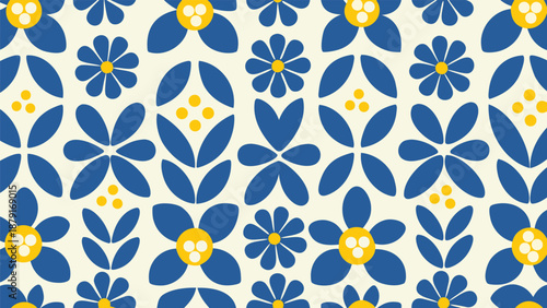 Vibrant blue and yellow floral pattern on white background decorative flowers and leaves arrangement