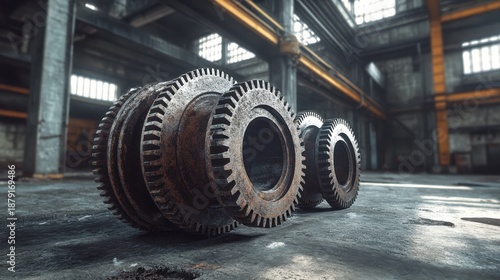 Oversized rusty industrial gears seized and motionless within a dimly lit factory interior