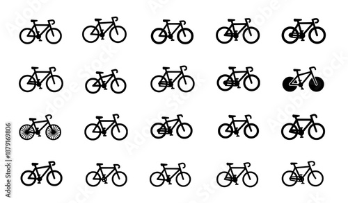 Flat silhouette bicycle icon set with road, mountain, and city bikes for web and apps