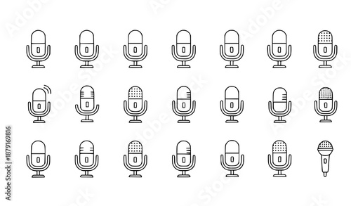 Minimal line microphone icon set for podcast, karaoke, and studio recording apps