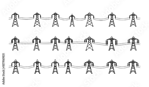 Flat transmission tower and electricity pylon icon set for power grid and energy transmission design