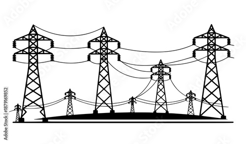 High-voltage transmission tower and power grid icon set for energy and electrical infrastructure