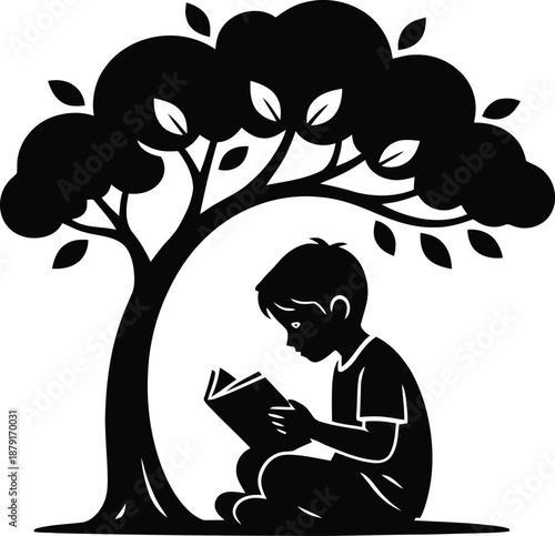 Silhouette of Boy Reading Book Underneath a Large Spreading Tree child learning