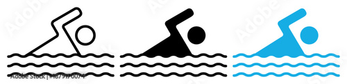 Swimming icon for signage. Contour and solid vector symbol of swimmer for pool rules, beach safety and water sport navigation. Minimal pictogram illustration.