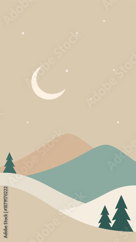 Minimalistic winter night landscape in Scandinavian style. Vector mountains illustration