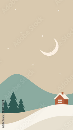 Minimalistic winter night landscape in Scandinavian style. Vector illustration of mountains and house