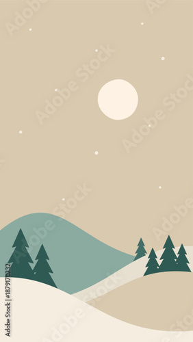 Minimalistic winter night landscape in Scandinavian style. Vector illustration of mountains and hills