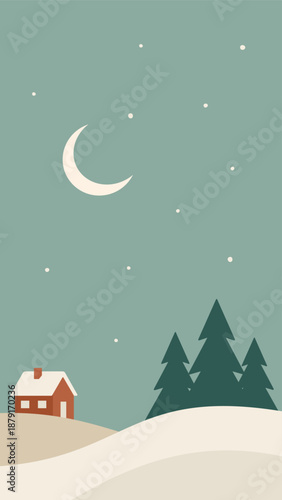 Minimalistic winter night landscape in Scandinavian style. Vector illustration of hills and house