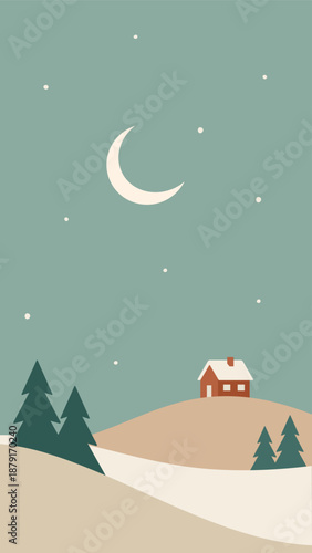Minimalistic winter night landscape in Scandinavian style. Vector illustration of house on the hills