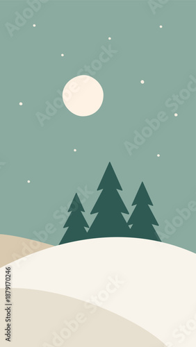 Minimalistic winter night landscape in Scandinavian style. Vector illustration of fir trees on the hill