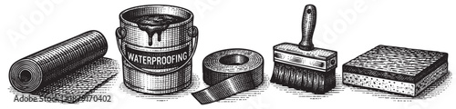 Black and white illustration of waterproofing supplies, including sealant, tape, brush and sponge, offering a vintage, graphic element for construction or renovation projects.