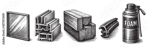 A detailed monochrome illustration depicts window frame parts, showcasing materials like wood, aluminum, and sealant foam for construction projects.