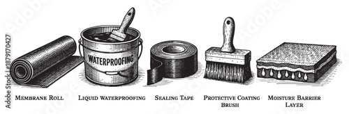 Black and white vector illustration of waterproofing set including membrane roll, liquid waterproofing, tape, brush and moisture barrier layer. Great for print and web design.