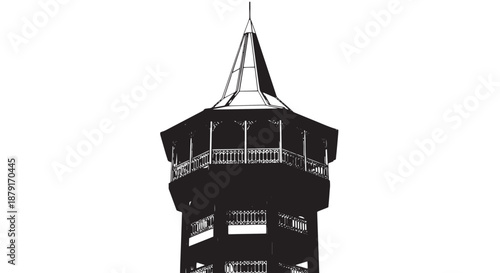 Historic wooden lookout tower rising above a scenic landscape with railings.
