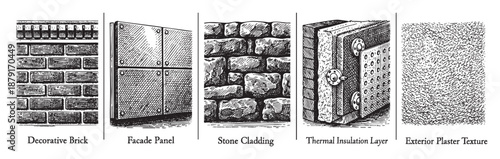 Graphic illustration showcasing decorative brick, facade panel, stone cladding, thermal insulation, and plaster texture for architectural design, in black and white detail.