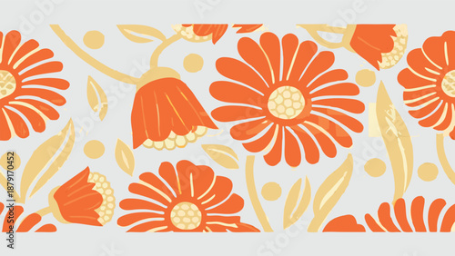 Vibrant orange flowers with yellow centers and leaves on white background floral pattern