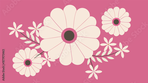 Large white flowers with pink centers and leaves on a pink background floral arrangement decorative design