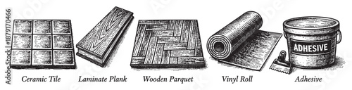 Vector illustration of various flooring materials including tile, laminate, parquet, vinyl and glue, depicted in a detailed vintage engraving style.