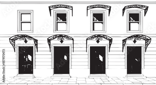 Row of arched doors and windows along a monochrome urban facade.