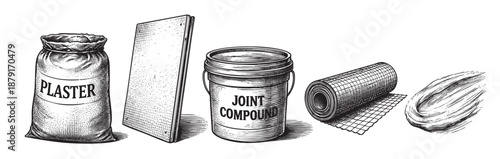 An engraved style illustration displays a bag of plaster, drywall sheet, joint compound, fiberglass mesh tape and ready-mixed compound for drywall repair.