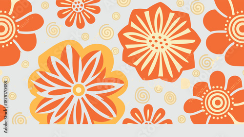 Vibrant orange and yellow floral pattern with stylized flowers on white background decorative design