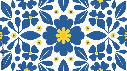 Vibrant blue and yellow floral pattern on white background decorative flowers and leaves arrangement