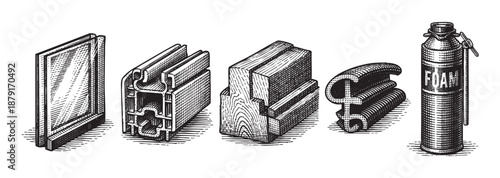 Black and white etching of various construction materials, showcasing wood, plastic, glass, and foam, creating a vintage-inspired graphic that could be used for design and architecture.