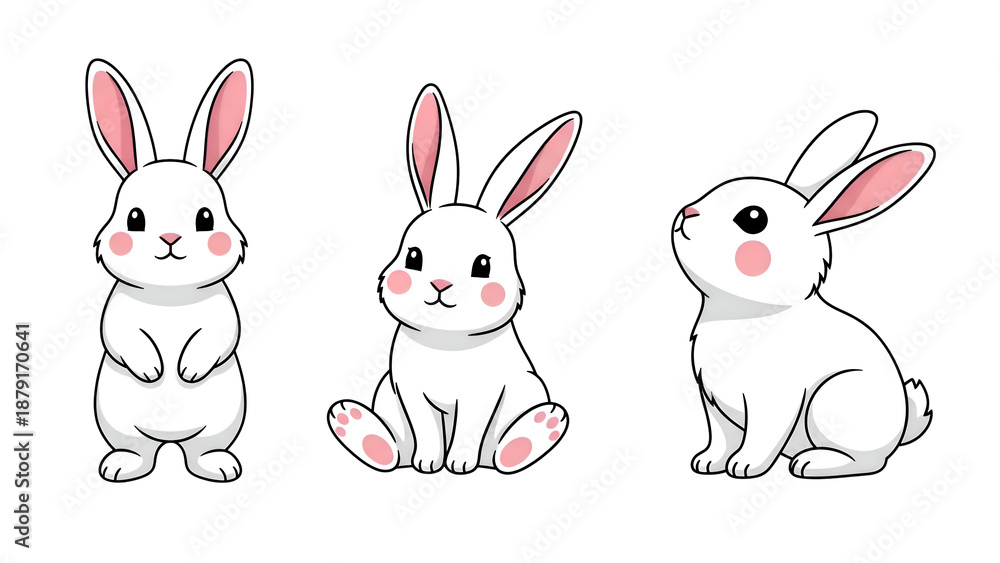Fototapeta premium Set of 3 cute cartoon rabbits vector illustration isolated PNG with Transparent Background
