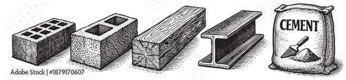 Black and white illustration showing construction materials including brick, wood, steel beam, and a bag of cement with a shovel.