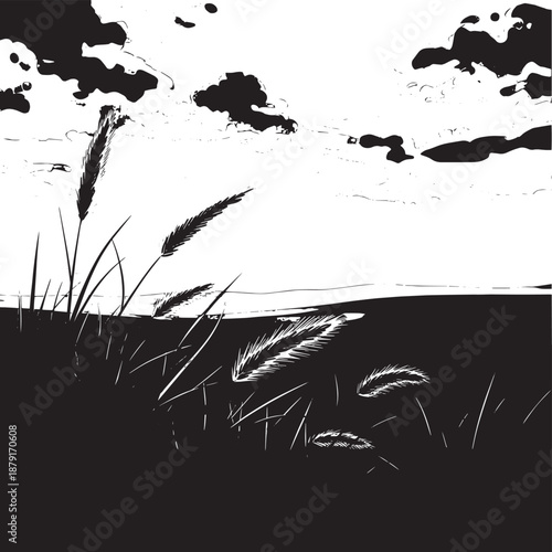 Silhouetted reeds along a calm lake at dusk in a monochrome landscape.