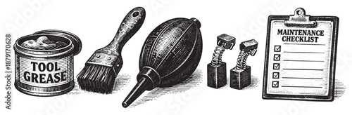 Black and white illustration showing a maintenance checklist, tool grease, brush, bellows, and springs for general upkeep tasks.