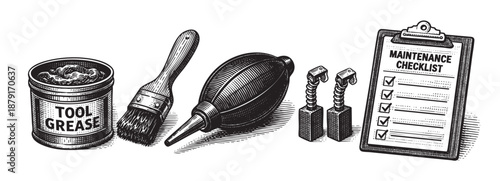 Detailed engraved illustration of tools, grease, and a completed maintenance checklist, suitable for vintage-themed projects, engineering manuals, and technical publications.