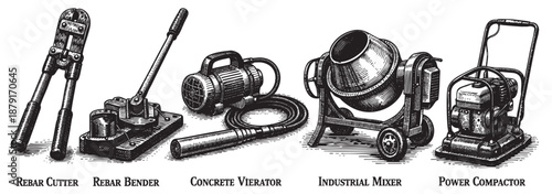 Set of five black and white construction tools shown in an illustration style isolated on a white background, including a rebar cutter, bender, vibrator, mixer, and compactor.