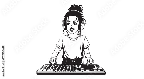 Young girl exploring music on a keyboard, practicing as a hobby and learning through play.