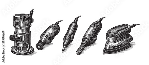 Engraved illustration of various power tools, including a router, rotary tools, and a sander, isolated on a white background for use in woodworking or design projects.