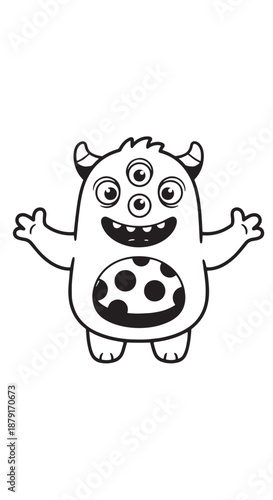Whimsical three-eyed friendly cartoon monster with open arms and smile.