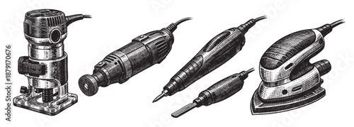 Detailed black and white illustration depicting various power tools, conveying precision and craftsmanship for DIY, woodworking, or industrial design concepts.