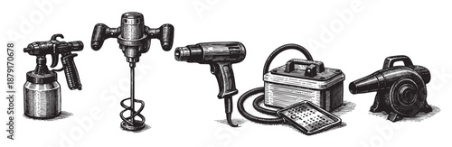 A detailed engraving-style illustration showcasing diverse construction tools set against a clean, white backdrop, perfect for manuals, DIY guides and educational materials.