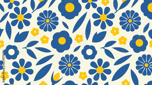 Vibrant blue and yellow floral pattern with leaves on cream background for design and decoration